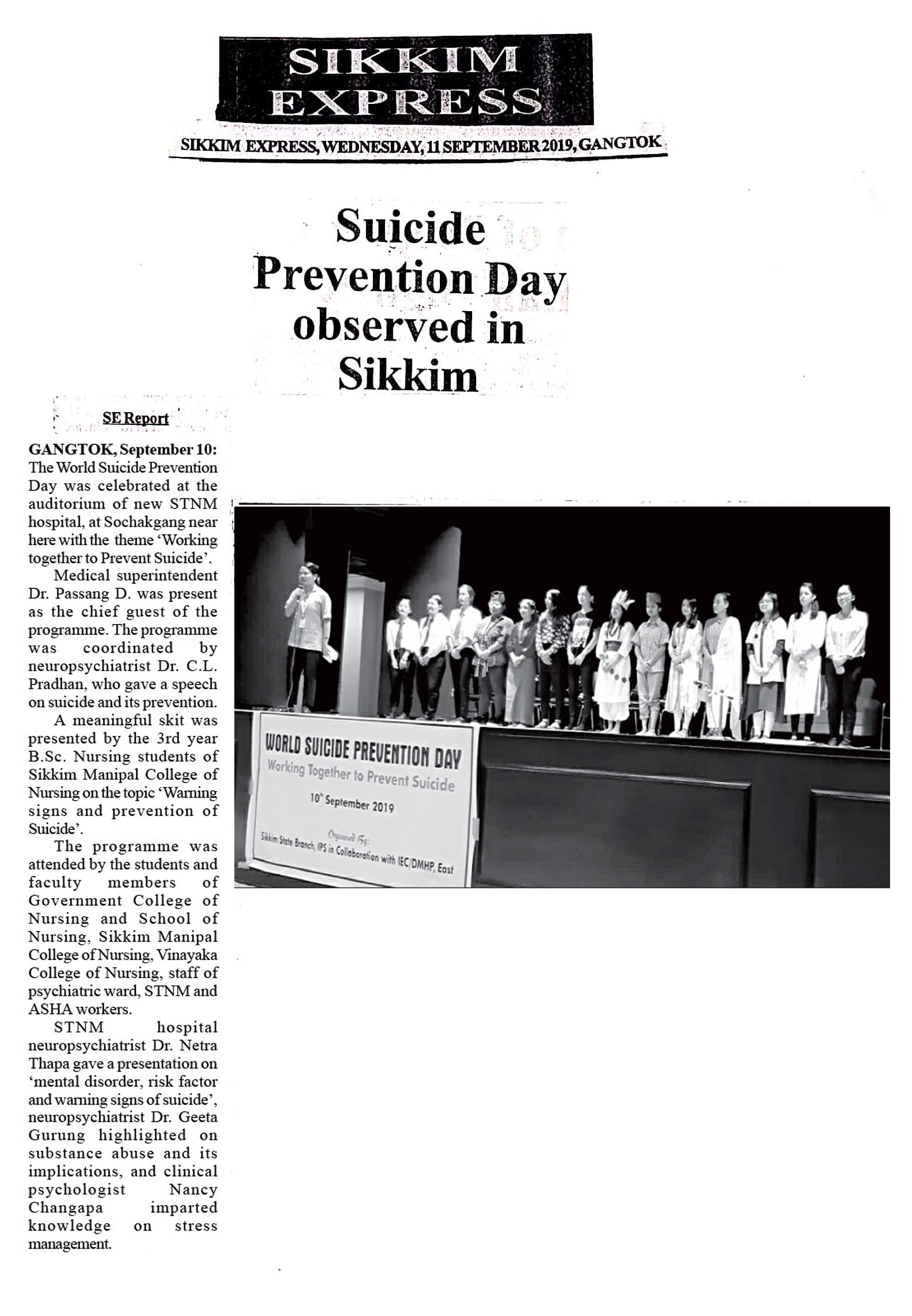 SMCON - SUICIDE PREVENTION DAY OBSERVED IN SIKKIM