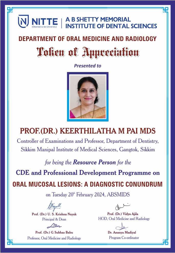 Dr. Keerthilatha M Pai MDS as a resource person at A.B Shetty Memorial Institute of Dental Sciences