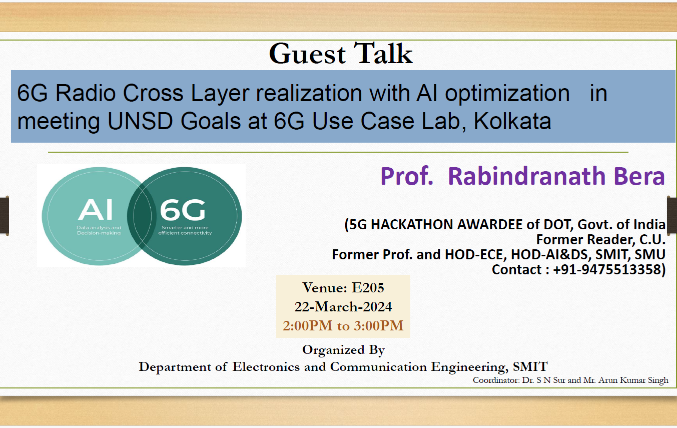 Guest Talk : 6G Radio Cross Layer realization with AI optimization in meeting UNSD Goals at 6G Use Case Lab, Kolkata